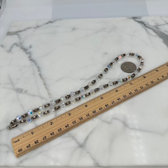 Vintage Aurora Borealis Glass Bead Necklace Sterling Silver Clasp, Spacer Beads - Picture 9 of 10